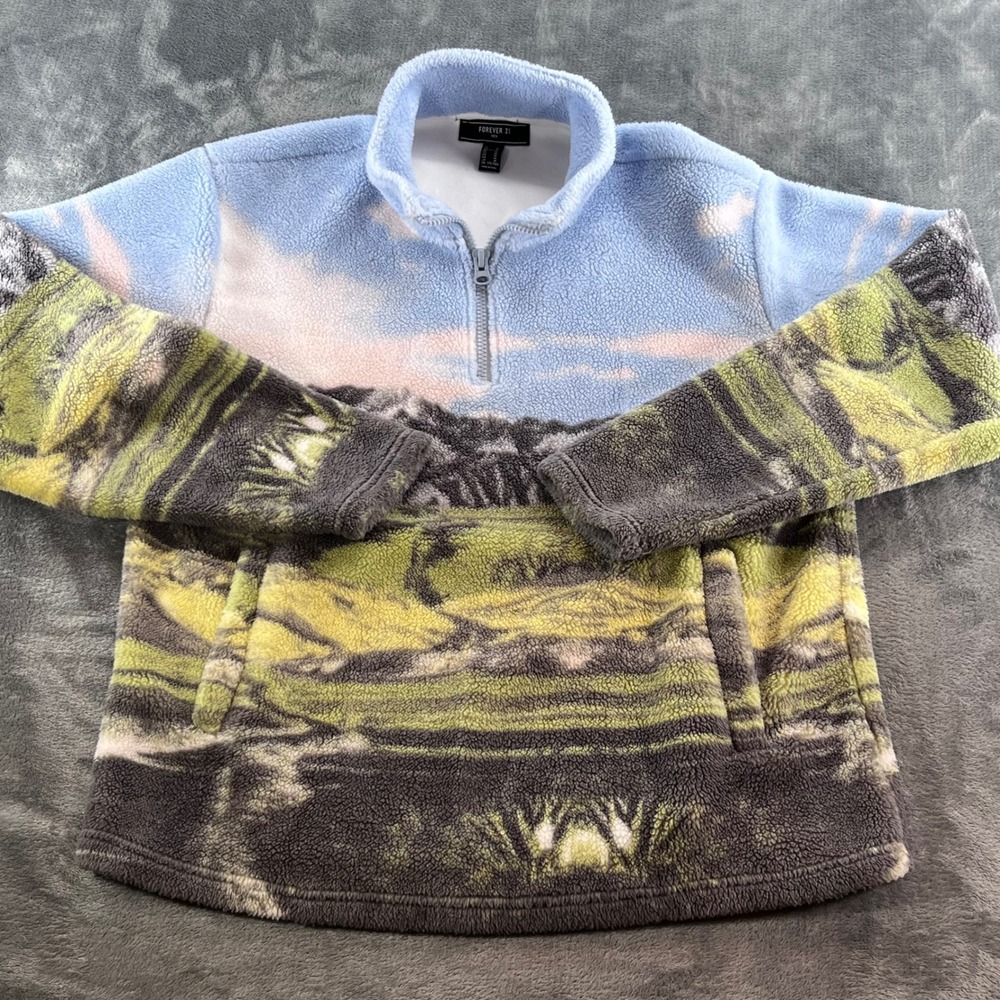 Forever 21 Men Landscape Graphic Fleece Quarter Zip Pullover Blue Green Medium